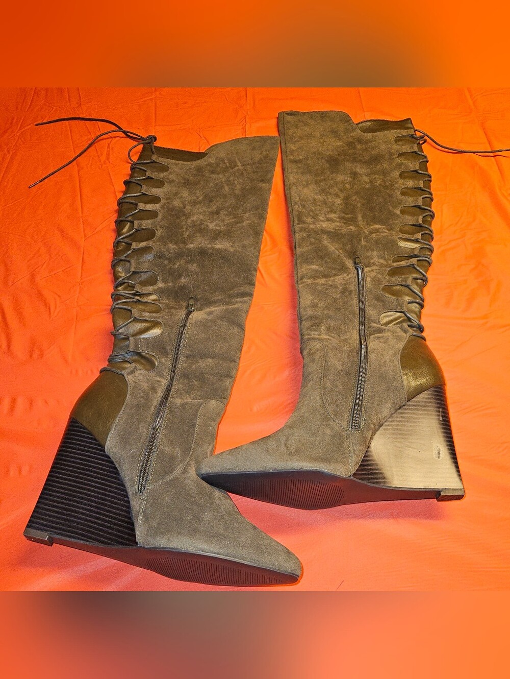 Shoe Dazzle Olga Over Knee Olive Wedge Knee Boots sz12 E.U.C.